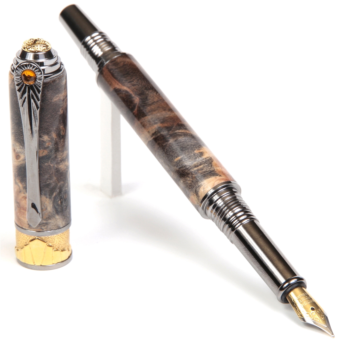 AF6W73-2T.jpg Art Deco Fountain Pen - Gray & Black Maple Burl - Image 1