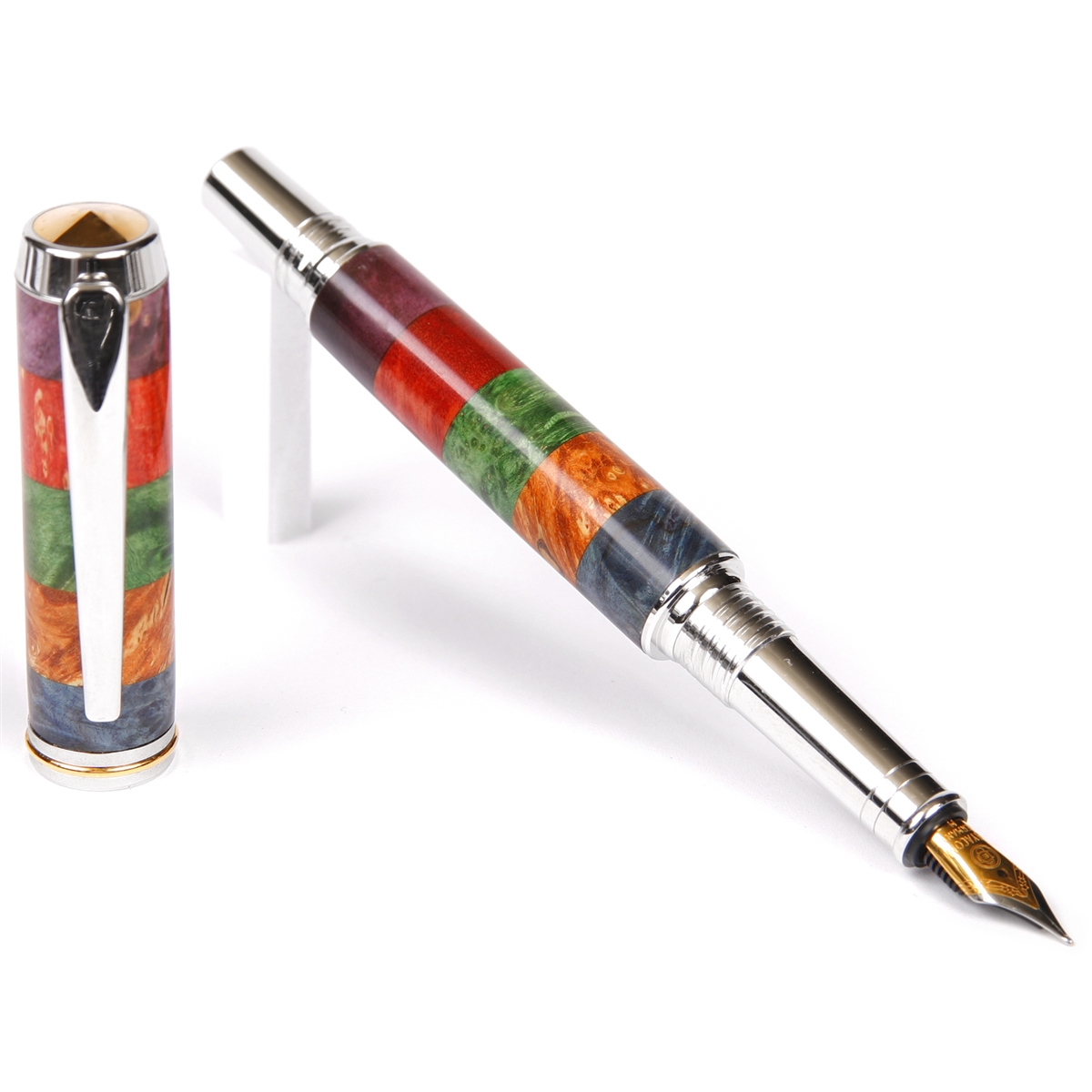 BF5W115-2T.jpg Baron Fountain Pen - Box Elder Stripes Blue, Yellow, Green, Red & Purple - Image 1