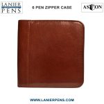 Aston Leather Pen Case Zippered Collectors - 6 Pen Holder Brown Case