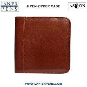 Aston Leather Pen Case Zippered Collectors - 6 Pen Holder Brown Case